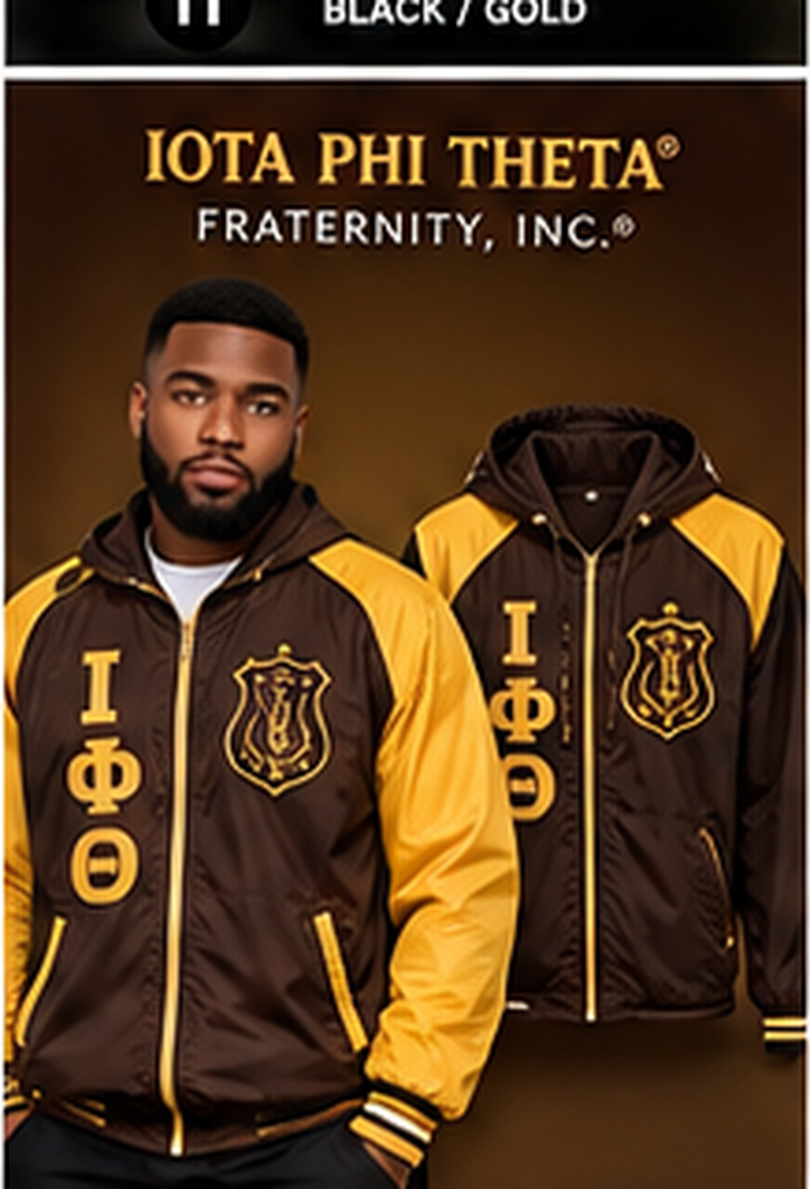 Iota Phi Theta brown and gold embroidered windbreaker with Iota Phi Theta letters and crest