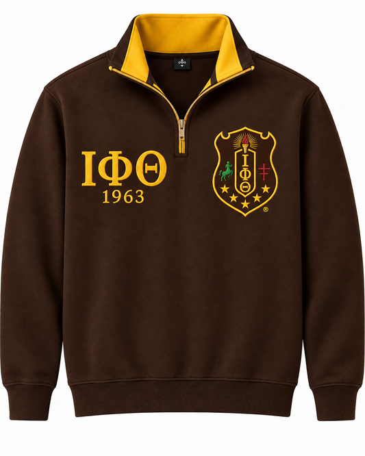 Iota Phi Theta brown and old gold quarter-zip sweatshirt