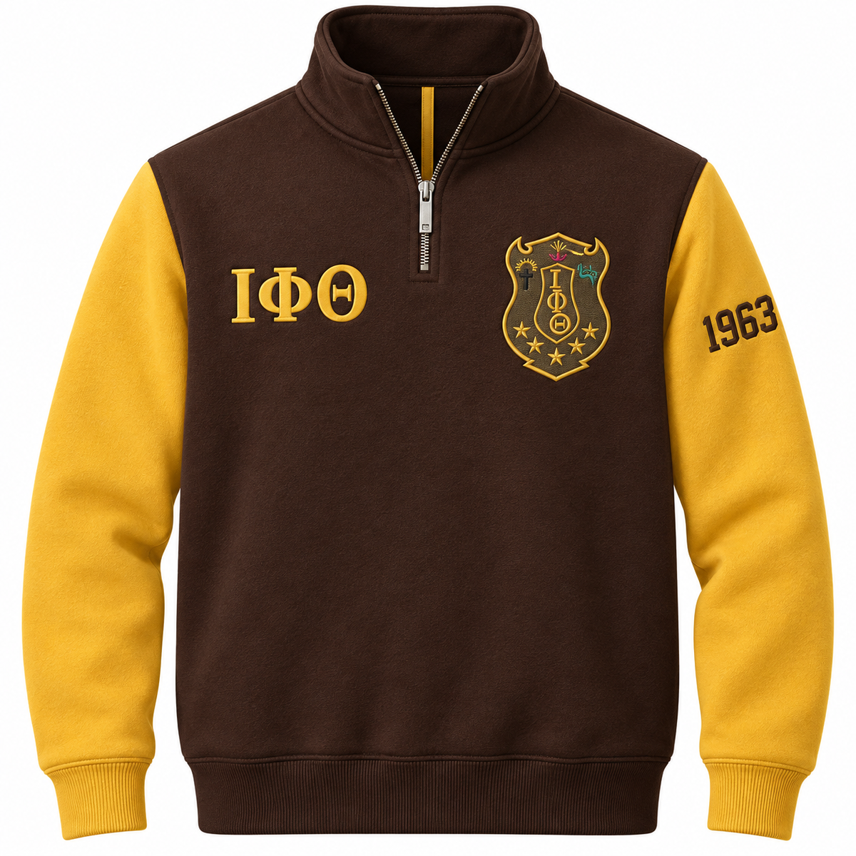 Iota Phi Theta brown and gold quarter-zip front with Greek letters, crest, and sleeve year