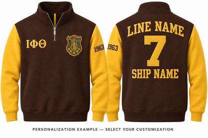 Iota Phi Theta brown and gold quarter-zip front and back personalization example