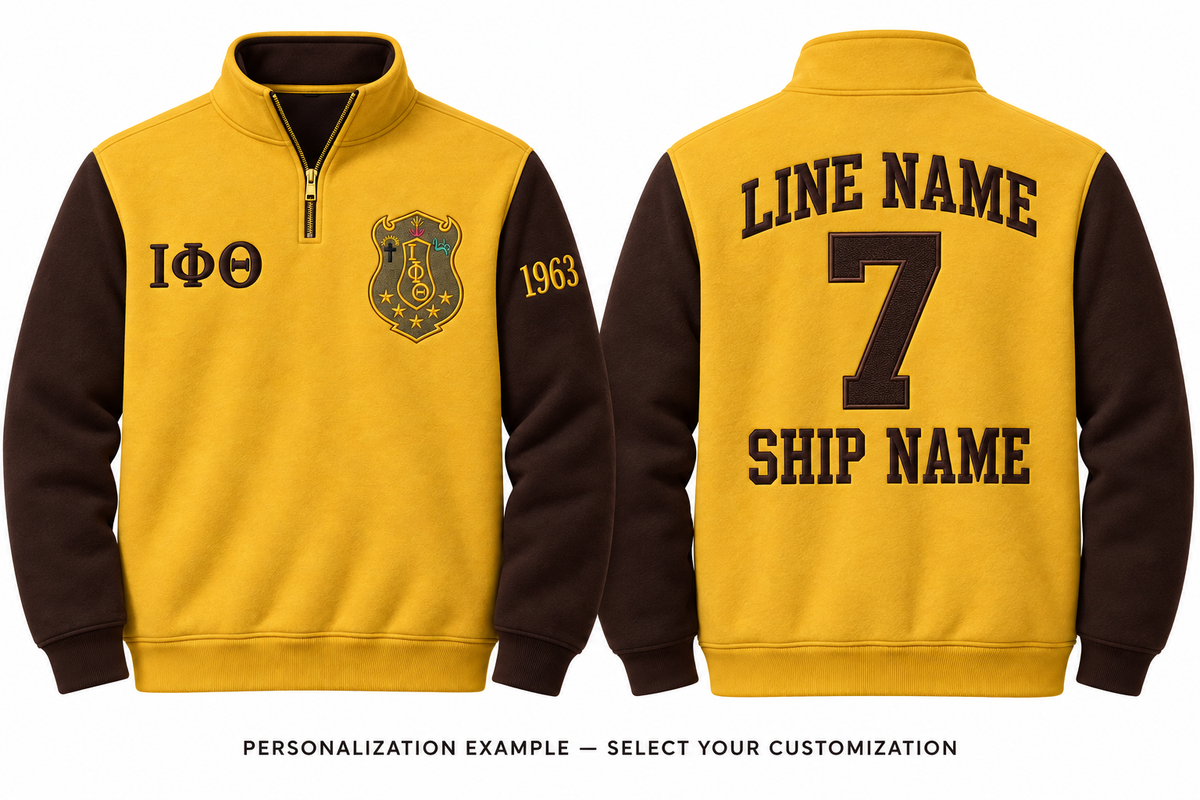 Iota Phi Theta gold and brown quarter-zip front and back personalization example