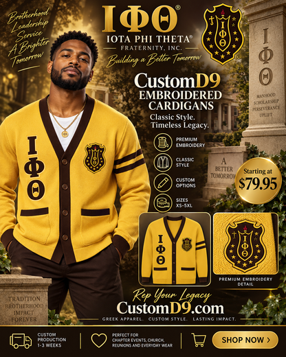 Iota Phi Theta gold and brown embroidered cardigan poster Pirani9