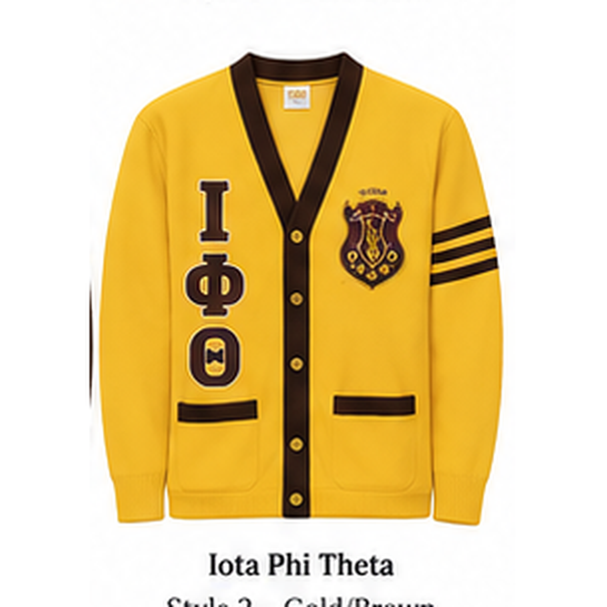 Iota Phi Theta gold cardigan with brown trim, stacked Greek letters and crest