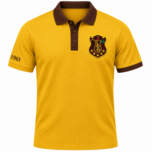 Iota Phi Theta gold and brown polo product view with crest and 1963 sleeve embroidery