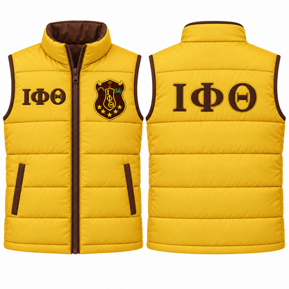 Iota Phi Theta gold and brown custom embroidered puffer vest front and back