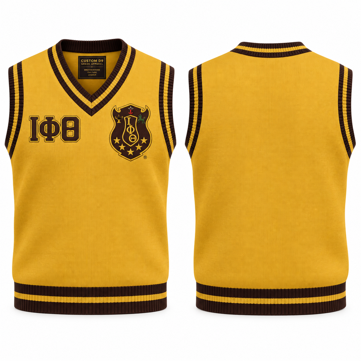 Iota Phi Theta gold and brown varsity sweater vest with crest and Greek letters, front and back views