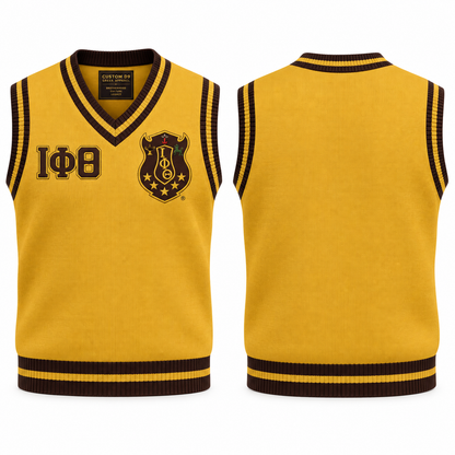 Iota Phi Theta gold and brown varsity sweater vest with crest and Greek letters, front and back views