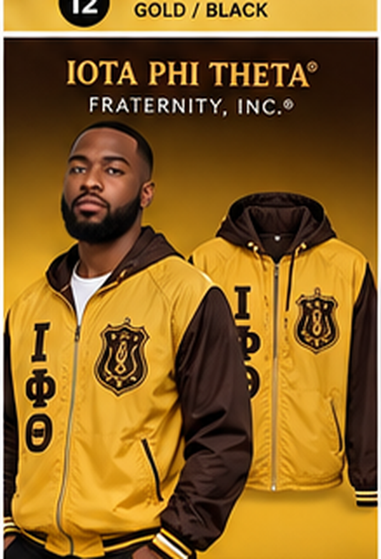 Iota Phi Theta gold and brown embroidered windbreaker with Iota Phi Theta letters and crest