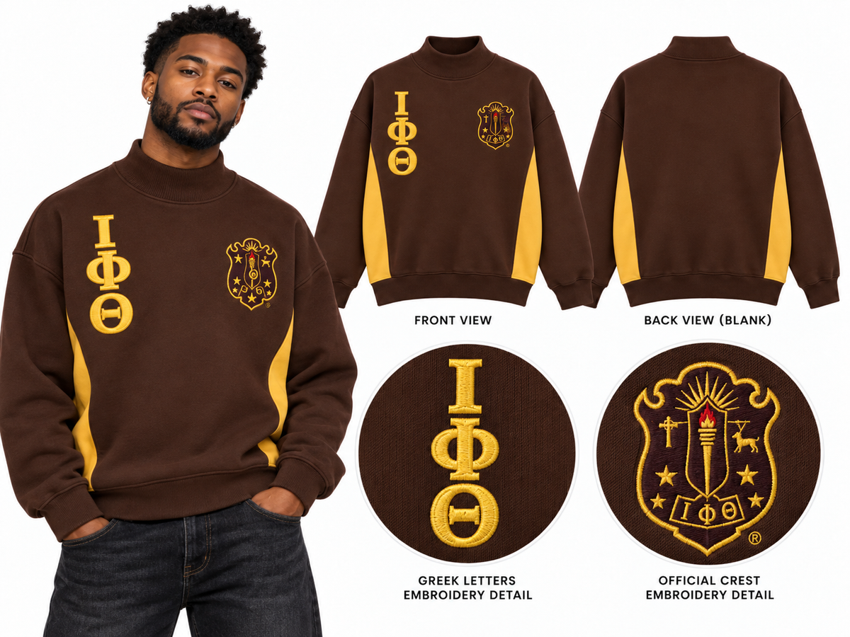 Brown and old gold Iota Phi Theta oversized mock-neck sweatshirt shown front and back with crest, stacked IΦΘ letters, and blank back