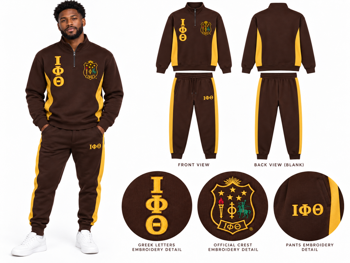 Custom Iota Phi Theta embroidered two-piece track suit in Brown and Old Gold