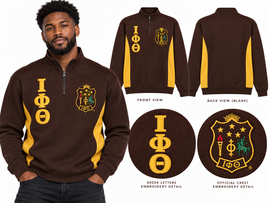 Brown and old gold Iota Phi Theta quarter-zip pullover shown on a man with stacked Greek letters, crest, gold side panels, and blank back