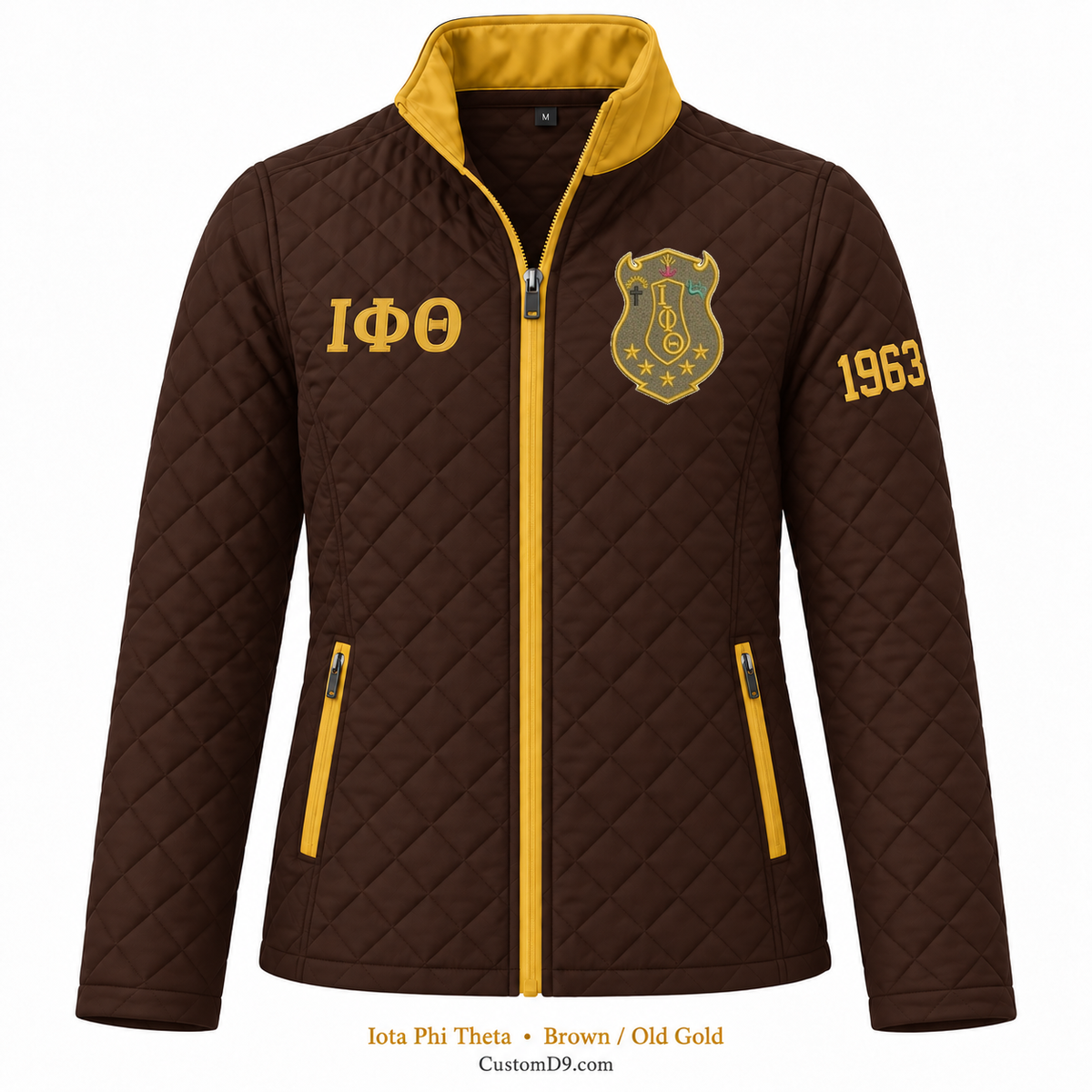 Iota Phi Theta brown and old gold quilted jacket with crest, Greek letters, and 1963 sleeve embroidery