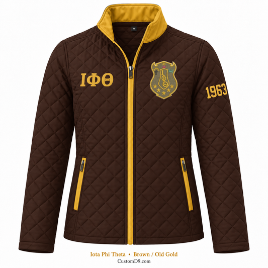 Iota Phi Theta brown and old gold quilted jacket with crest, Greek letters, and 1963 sleeve embroidery