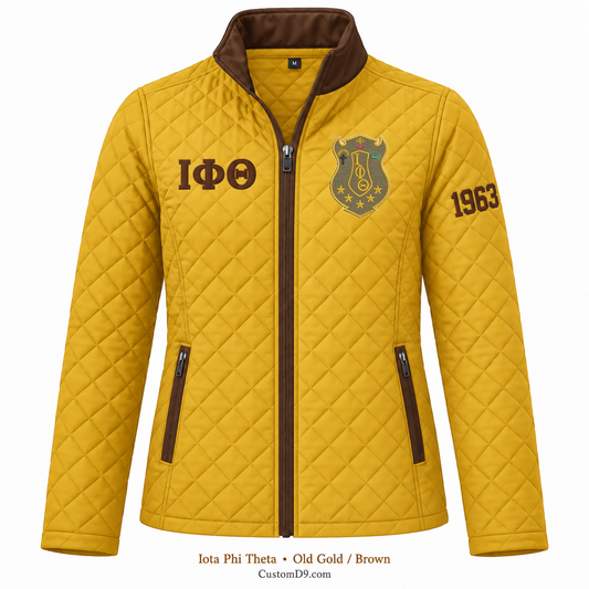 Iota Phi Theta old gold and brown quilted jacket with crest, Greek letters, and 1963 sleeve embroidery