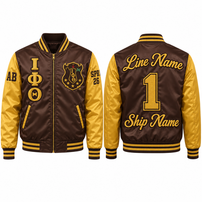 Iota Phi Theta brown and gold satin bomber jacket shown front and back with sample line personalization