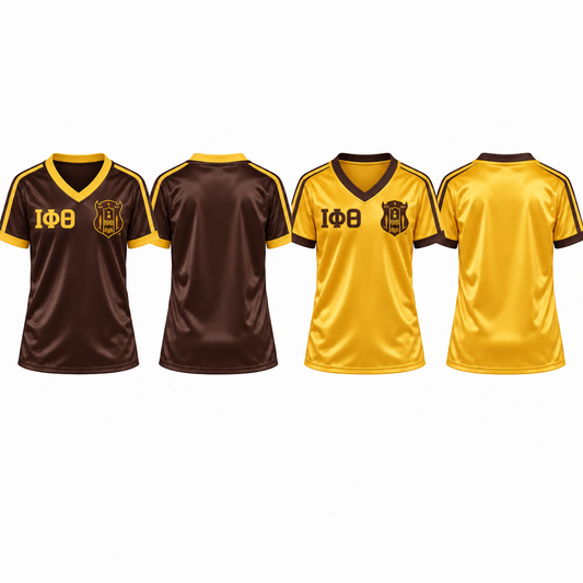Iota Phi Theta brown and gold satin football jerseys in both colorways, shown from front and back