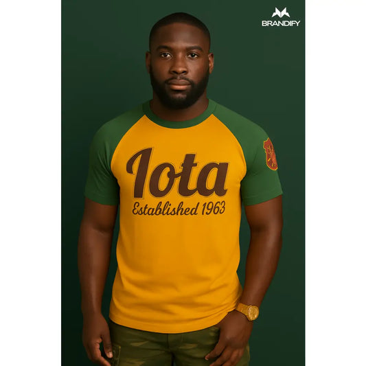 Custom Iota Phi Theta Raglan Tee front view with organization colors and custom design