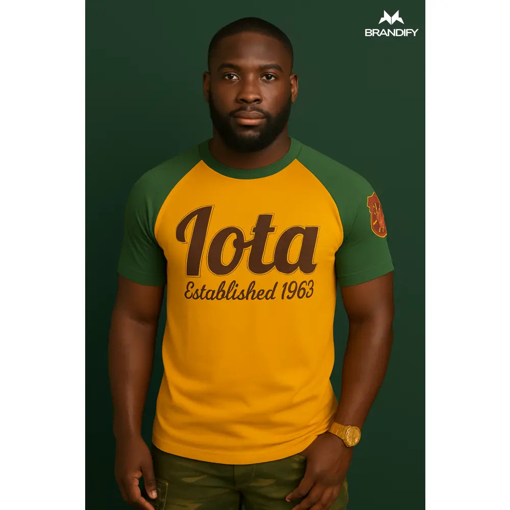 Custom Iota Phi Theta Raglan Tee front view with organization colors and custom design