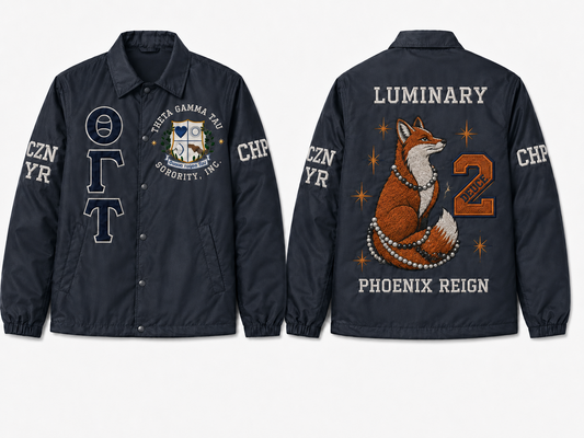 Front and back of Jenell Blackmon’s black Theta Gamma Tau line jacket with ΘΓΤ letters, crest, sleeve text, LUMINARY, fox, line number 2, and PHOENIX REIGN