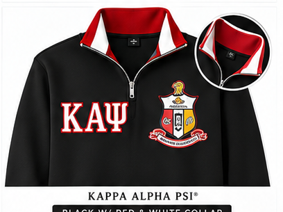 Kappa Alpha Psi black quarter-zip sweatshirt with crimson and cream contrast collar, Greek letters and crest