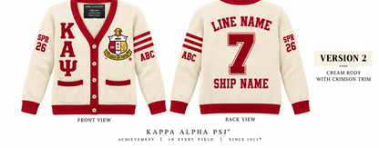 Kappa Alpha Psi cream and crimson cardigan shown front and back with sample line personalization