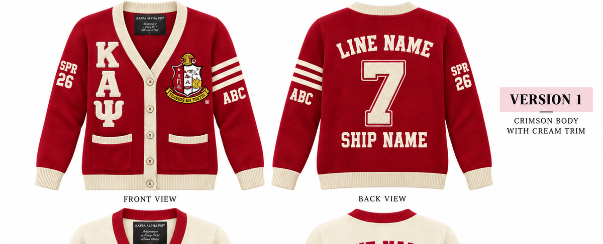 Kappa Alpha Psi crimson and cream cardigan shown front and back with sample line personalization