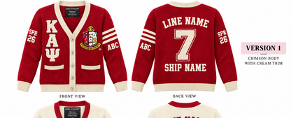 Kappa Alpha Psi crimson and cream cardigan shown front and back with sample line personalization