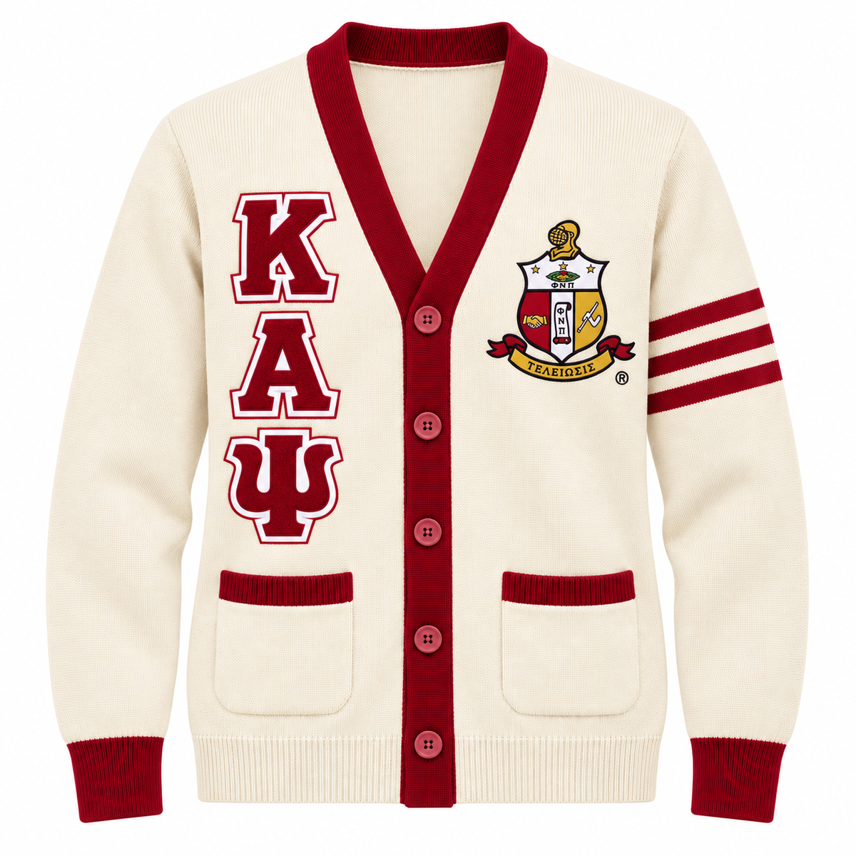 Kappa Alpha Psi cream cardigan with crimson trim, stacked Greek letters and crest