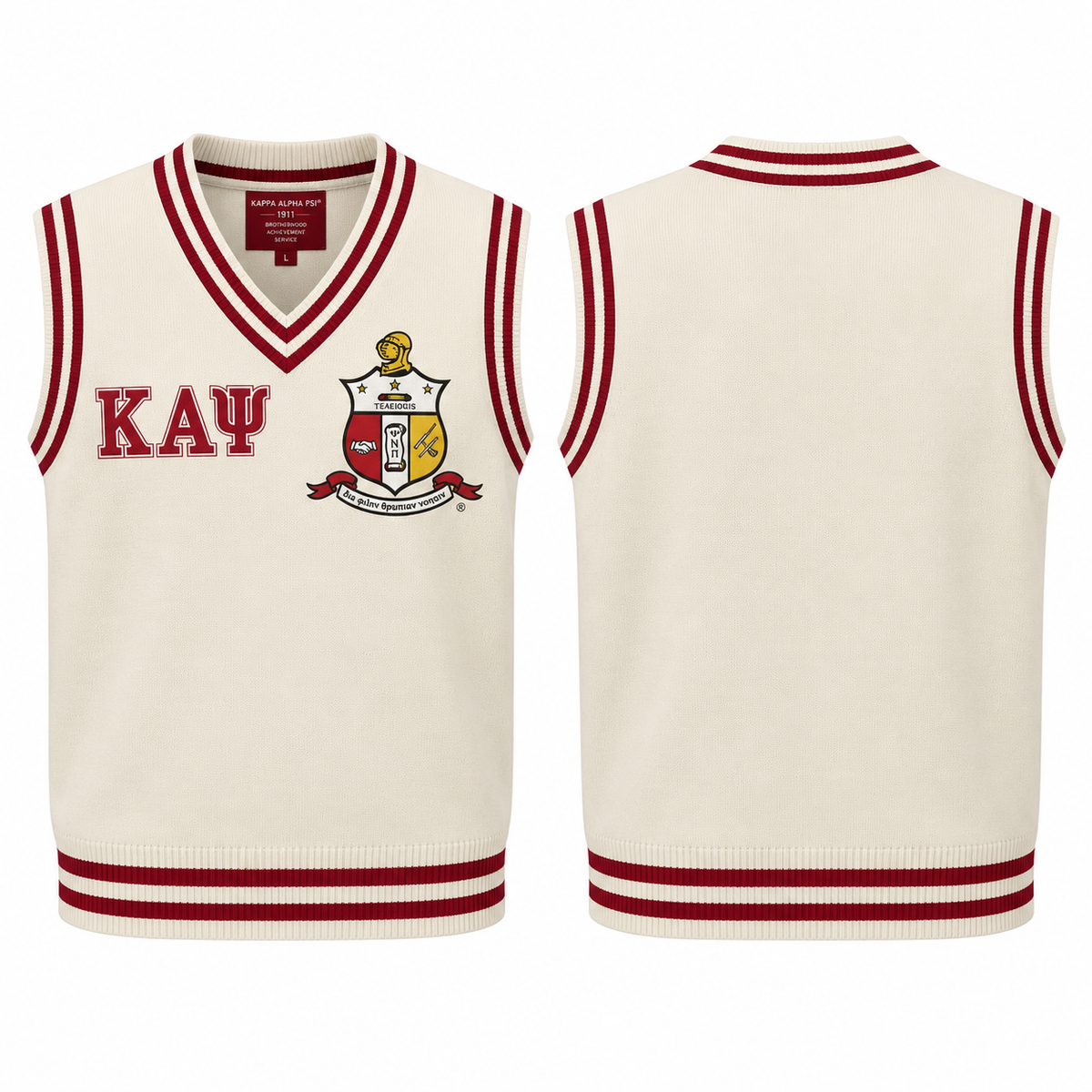 Kappa Alpha Psi cream and crimson varsity sweater vest with crest and Greek letters, front and back views