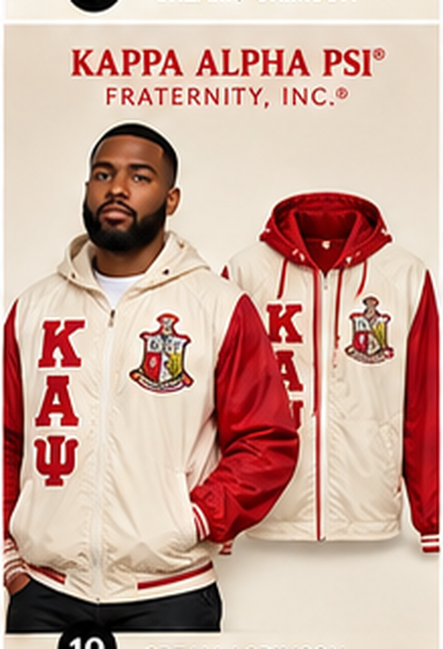 Kappa Alpha Psi cream and crimson embroidered windbreaker with Kappa Alpha Psi letters and crest
