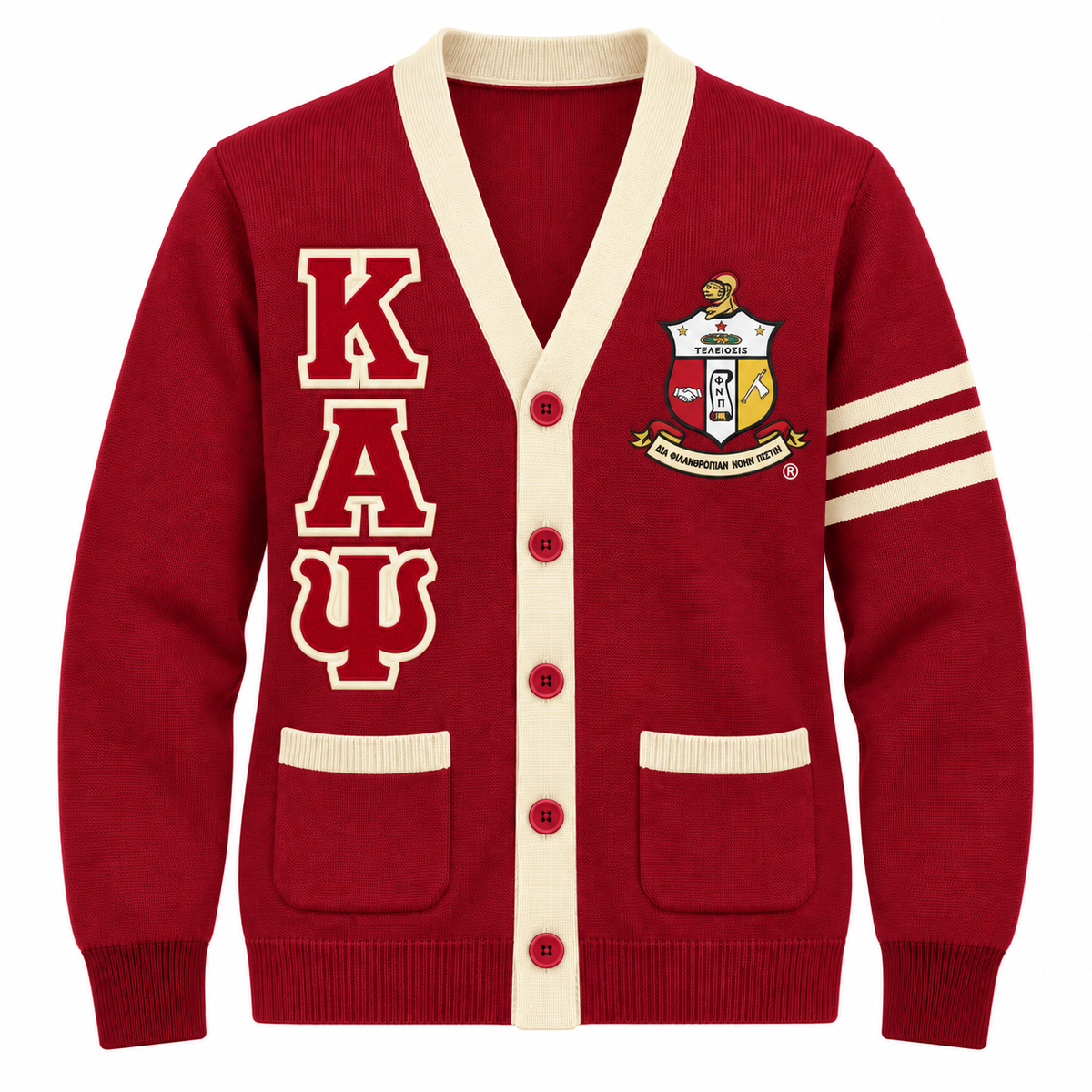 Kappa Alpha Psi crimson cardigan with cream trim, stacked Greek letters and crest