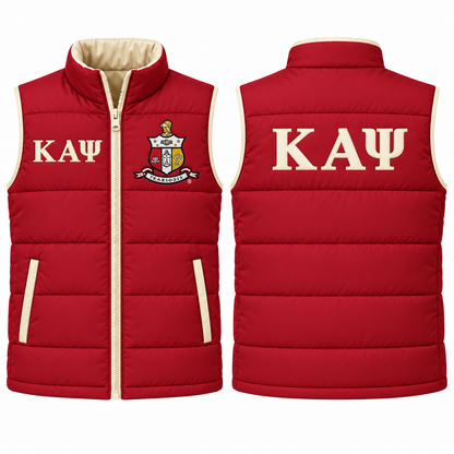 Kappa Alpha Psi crimson and cream custom embroidered puffer vest front and back