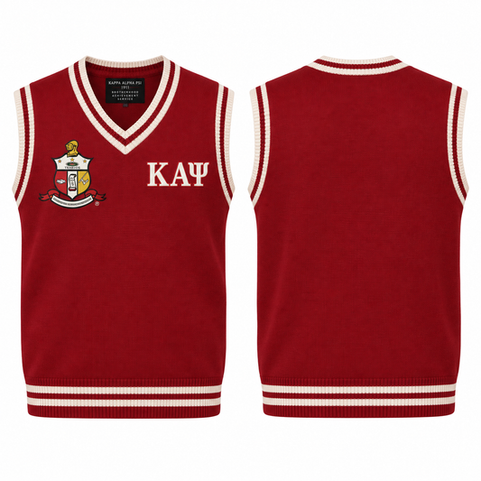 Kappa Alpha Psi crimson and cream varsity sweater vest with crest and Greek letters, front and back views
