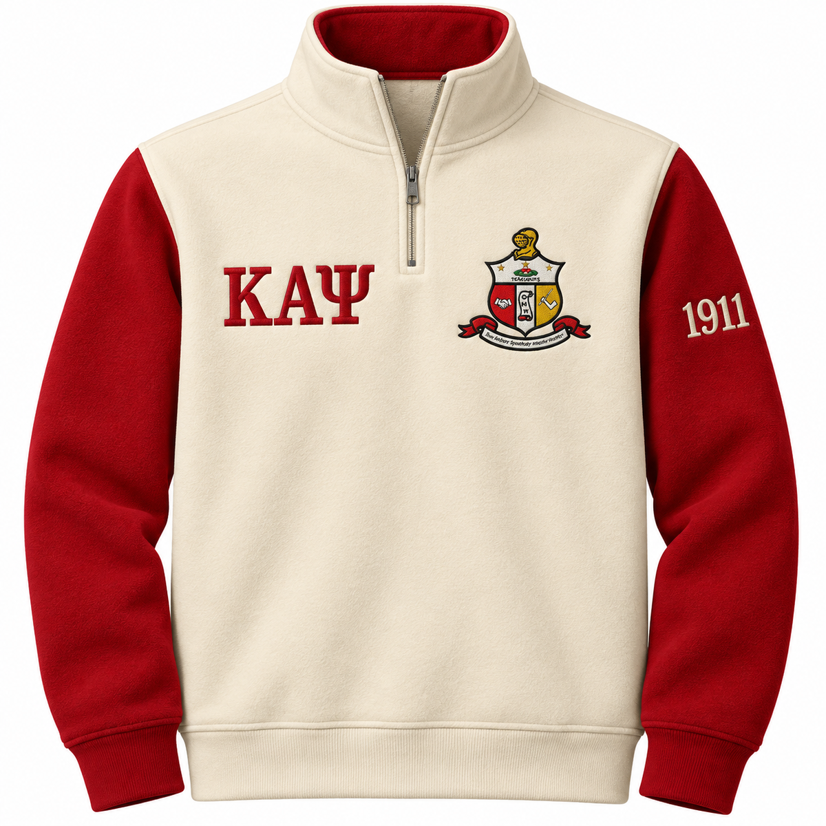 Kappa Alpha Psi cream and crimson quarter-zip front with Greek letters, crest, and sleeve year