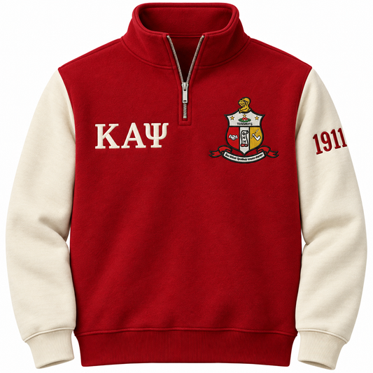 Kappa Alpha Psi crimson and cream quarter-zip front with Greek letters, crest, and sleeve year