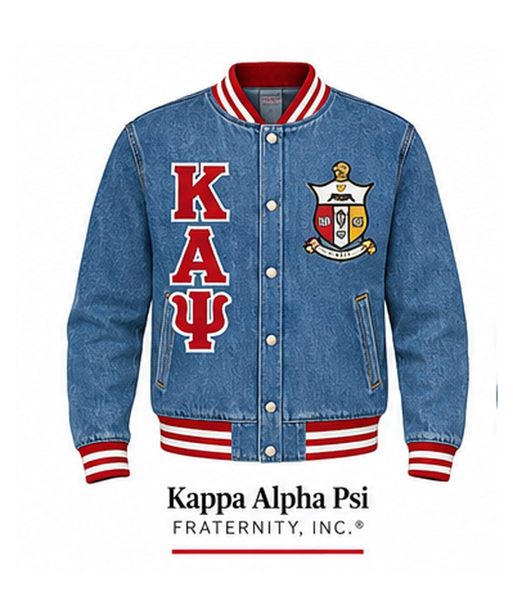 Medium-blue Kappa Alpha Psi full-denim varsity jacket with denim sleeves, crimson and cream trim, crest, and stacked Greek letters