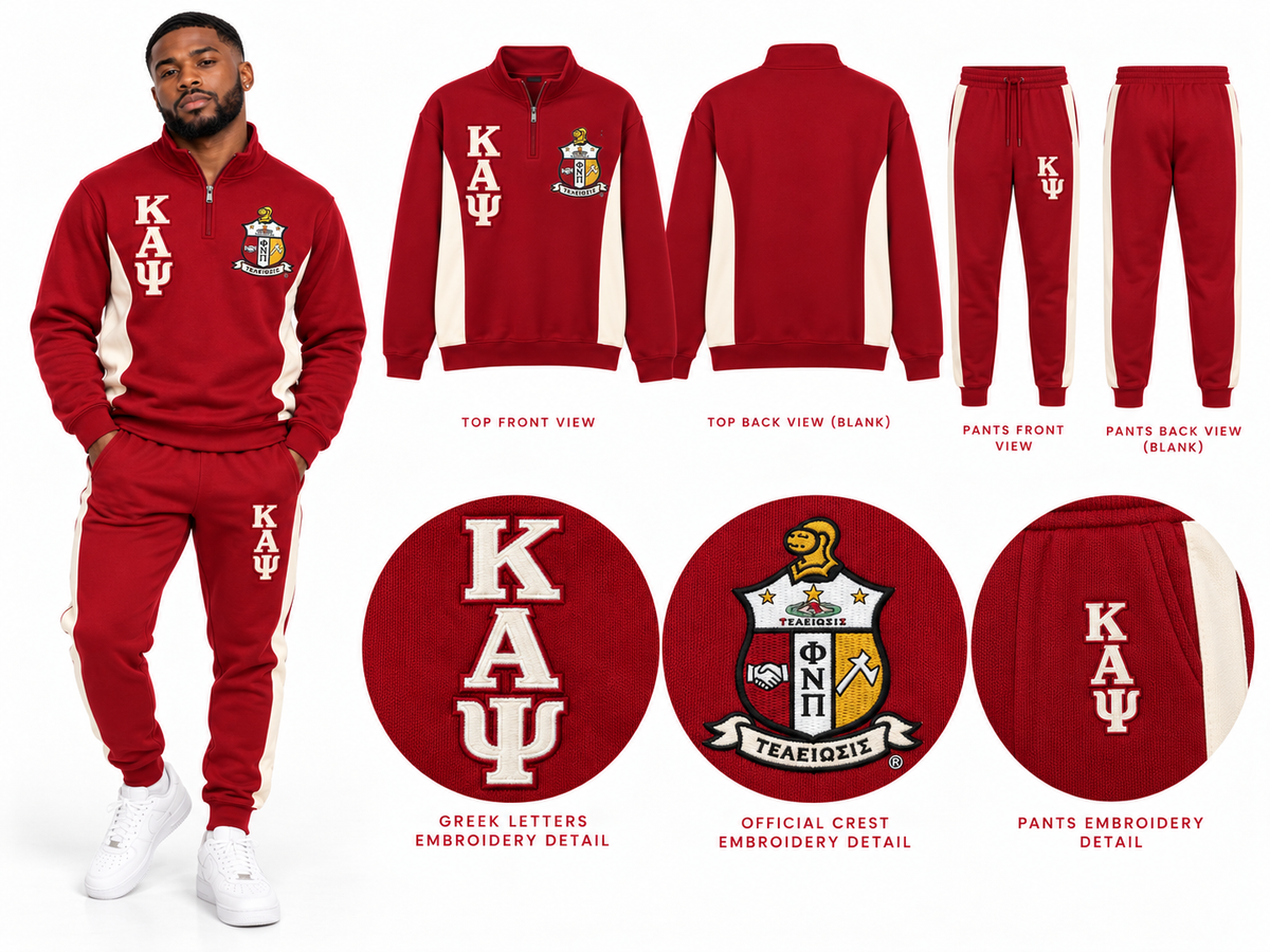 Custom Kappa Alpha Psi embroidered two-piece track suit in Crimson and Cream