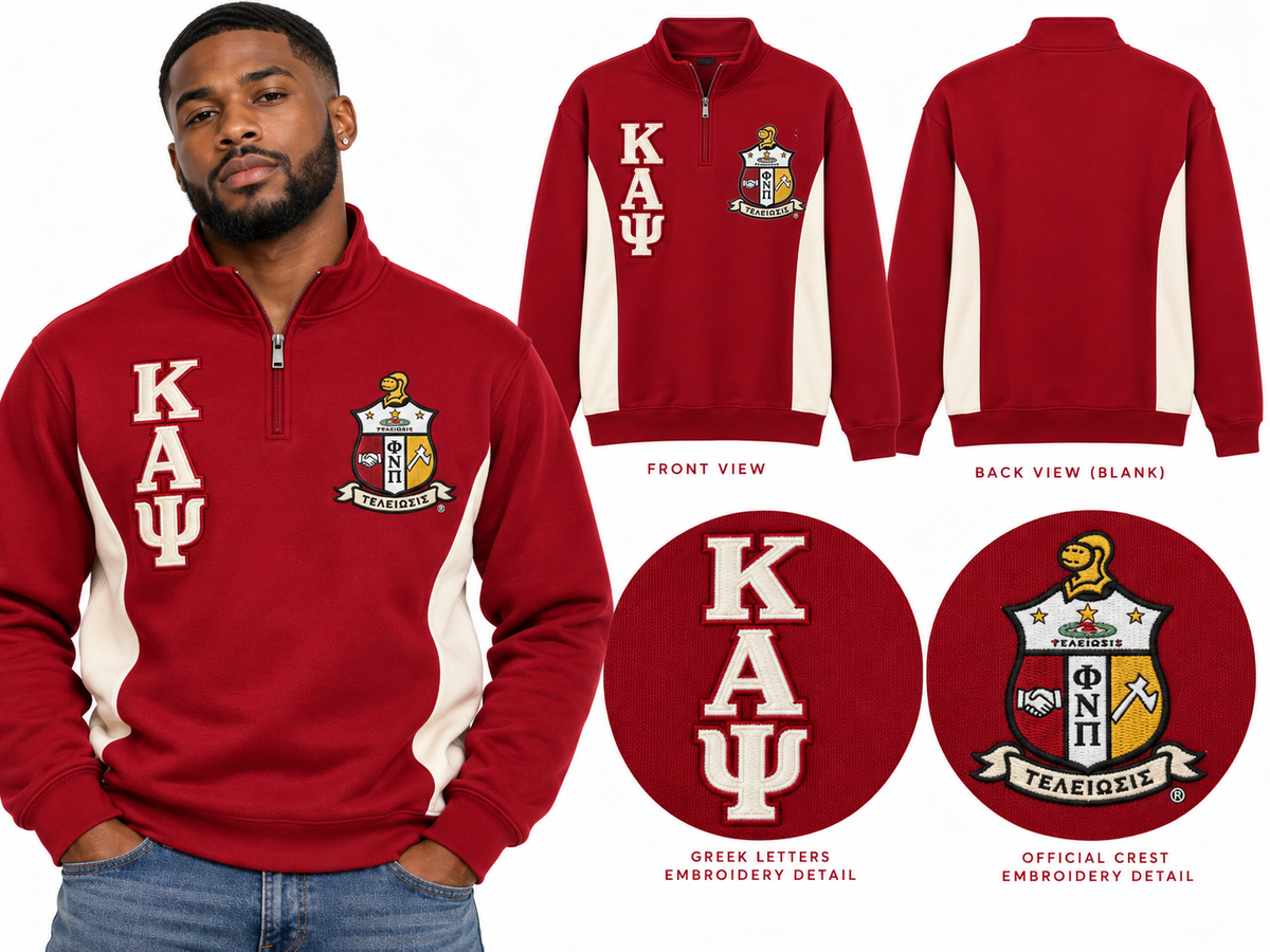 Crimson and cream Kappa Alpha Psi quarter-zip pullover shown on a man with stacked Greek letters, crest, cream side panels, and blank back