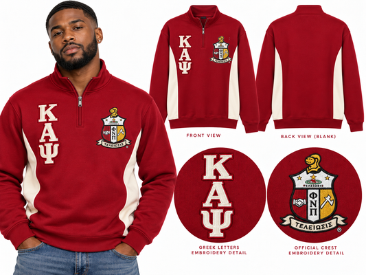 Crimson and cream Kappa Alpha Psi quarter-zip pullover shown on a man with stacked Greek letters, crest, cream side panels, and blank back