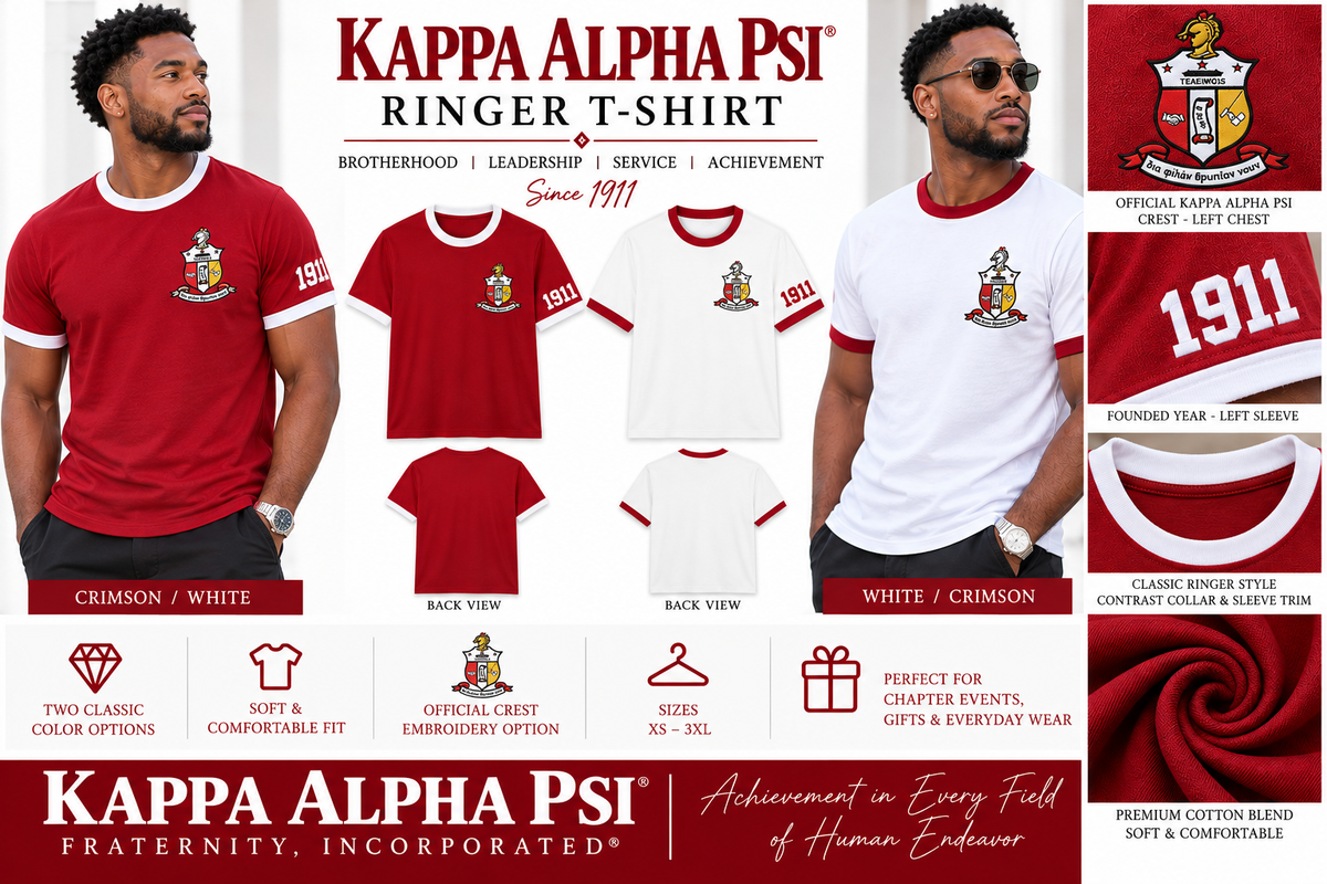 Kappa Alpha Psi ringer T-shirt color and embroidery options in crimson and white