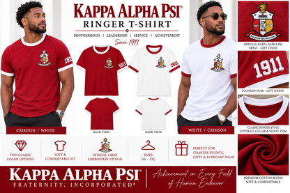 Kappa Alpha Psi ringer T-shirt color and embroidery options in crimson and white