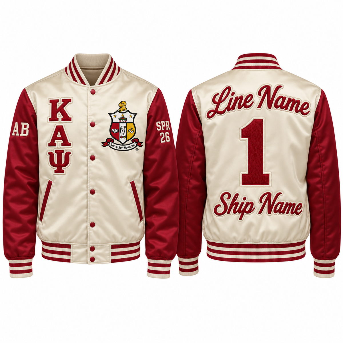 Cream and crimson Kappa Alpha Psi satin bomber jacket shown front and back with sample line personalization