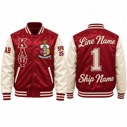 Crimson and cream Kappa Alpha Psi satin bomber jacket shown front and back with sample line personalization