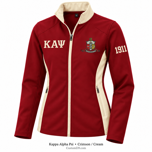 Kappa Alpha Psi crimson and cream softshell jacket with crest, Greek letters, and 1911 sleeve embroidery