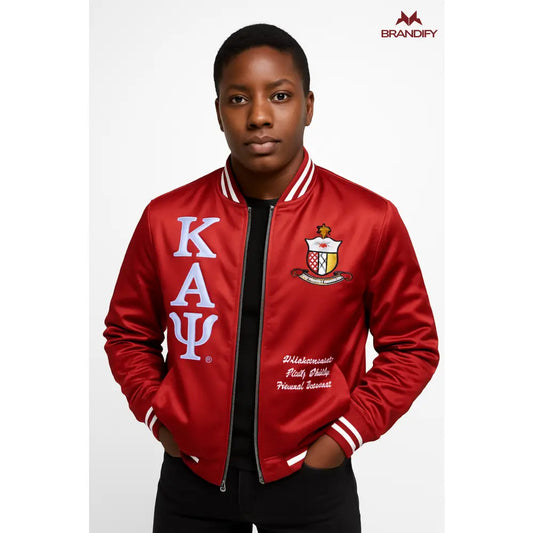 Custom Kappa Alpha Psi Bomber Jacket front view with organization-inspired bomber design