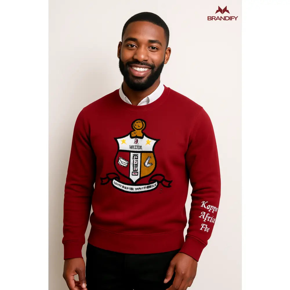 Custom Shield Greek Letter Chenille Sweatshirt front view with raised chenille Greek lettering