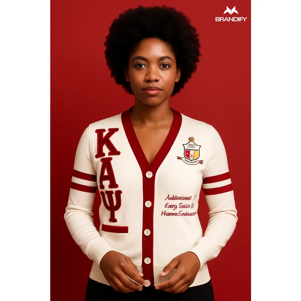 Custom Cream Kappa Alpha Psi Cardigan front view with organization colors and custom design