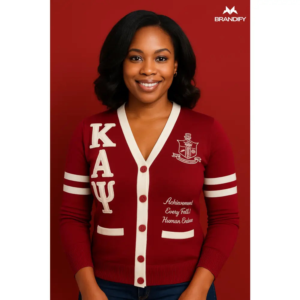 Custom Kappa Alpha Psi Cardigan front view with organization colors and custom design
