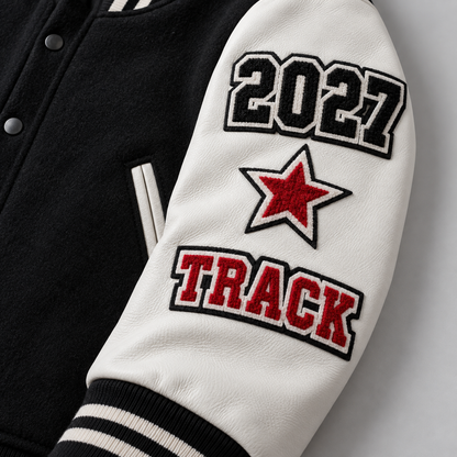 Students wearing navy and red personalized high school letterman jackets