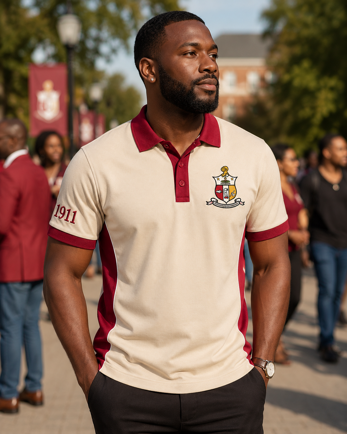 Lifestyle view of a Kappa Alpha Psi cream and crimson embroidered panel polo